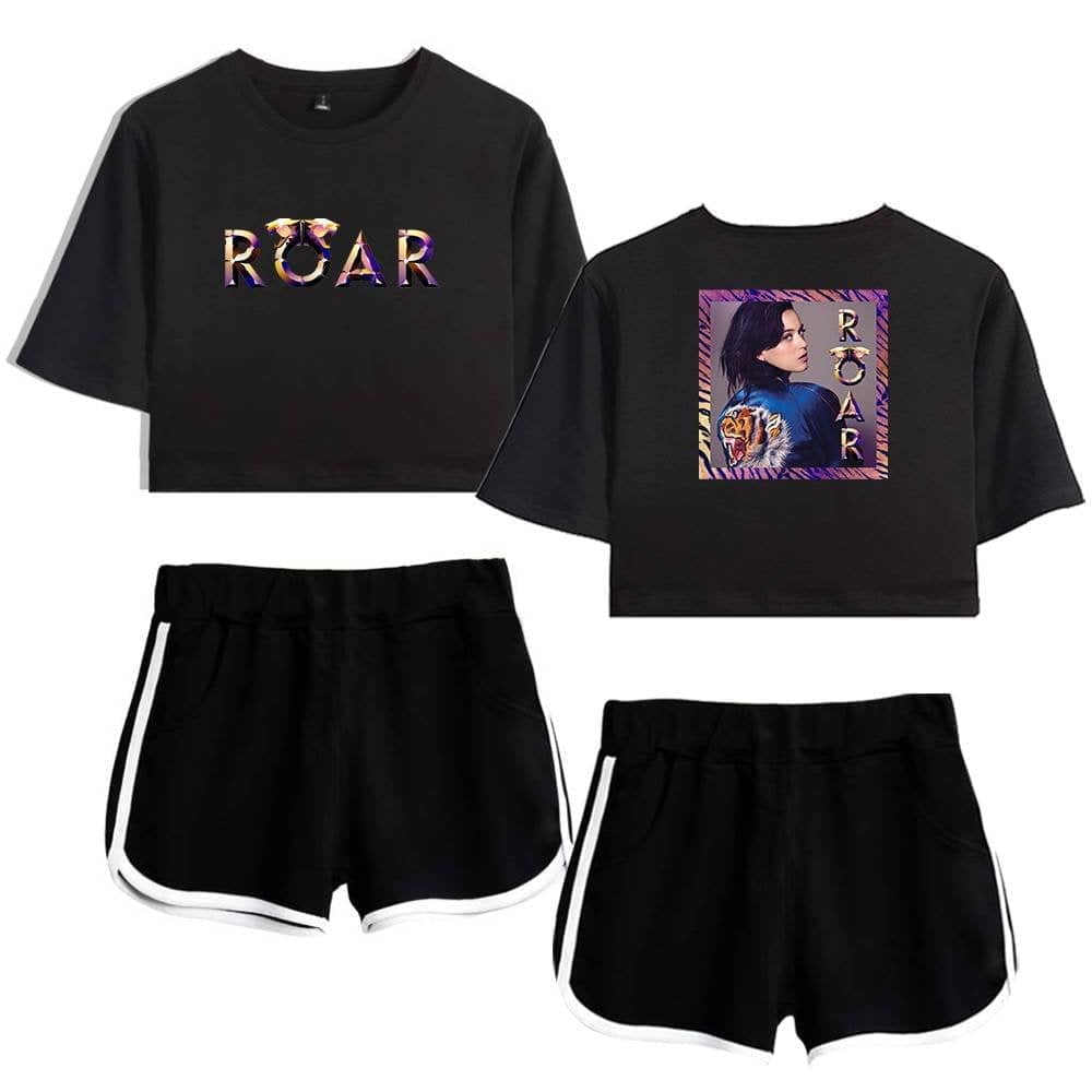 Roar graphic crop top and shorts set with bold tiger and woman imagery, perfect for Justin Bieber swag merch fans.