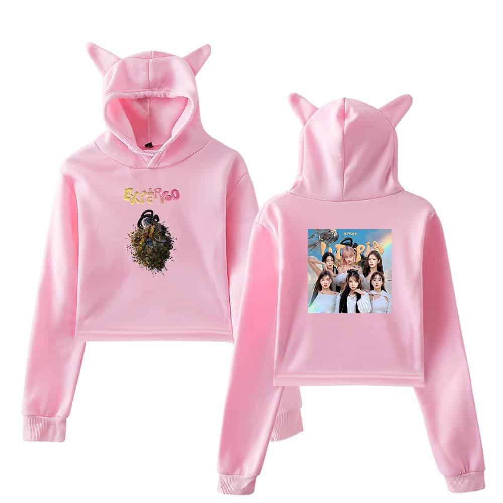 Pink hoodie and sweatpants set featuring Justin Bieber swag merchandise, with playful horned hood design and colorful graphic prints, perfect for fans and fashion enthusiasts alike.