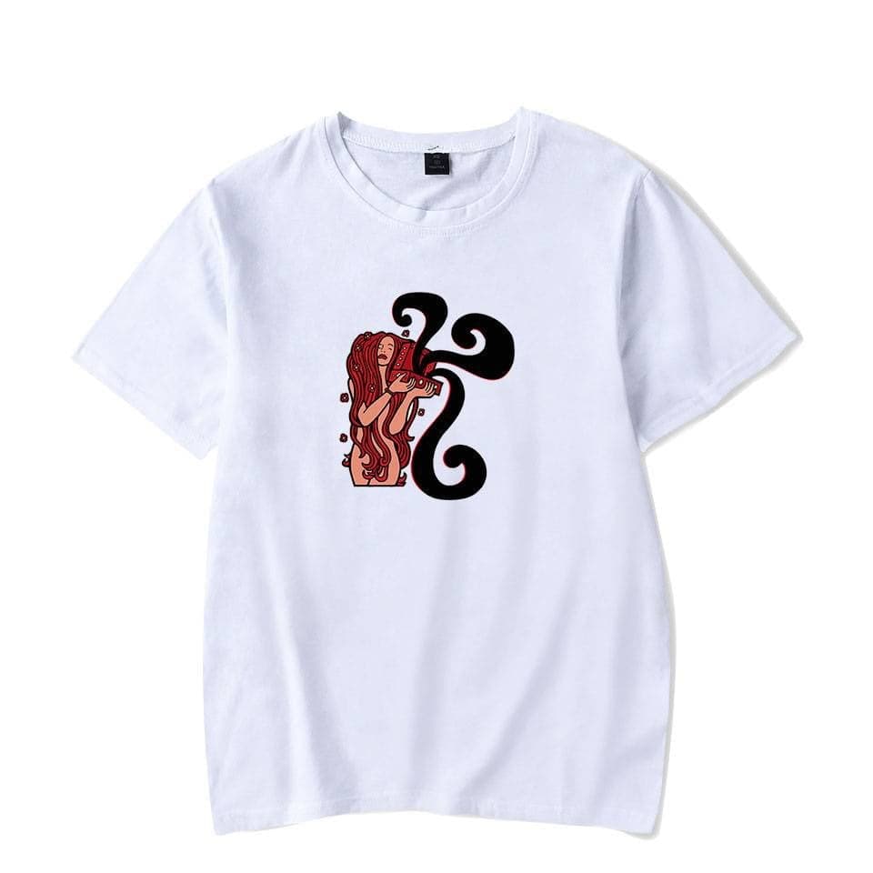 Vivid illustration of a girl with long red hair holding a camera, with black swirling design elements behind her, on a white background.