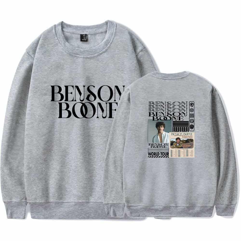 Benson bome sweatshirt; Justin Bieber swag merch hoodie featuring bold graphic text and tour imagery; A stylish gray hoodie with "Benson Bome" text and tour graphics on the back, perfect for Justin Bieber fans wanting trendy swag merchandise. Relevance.