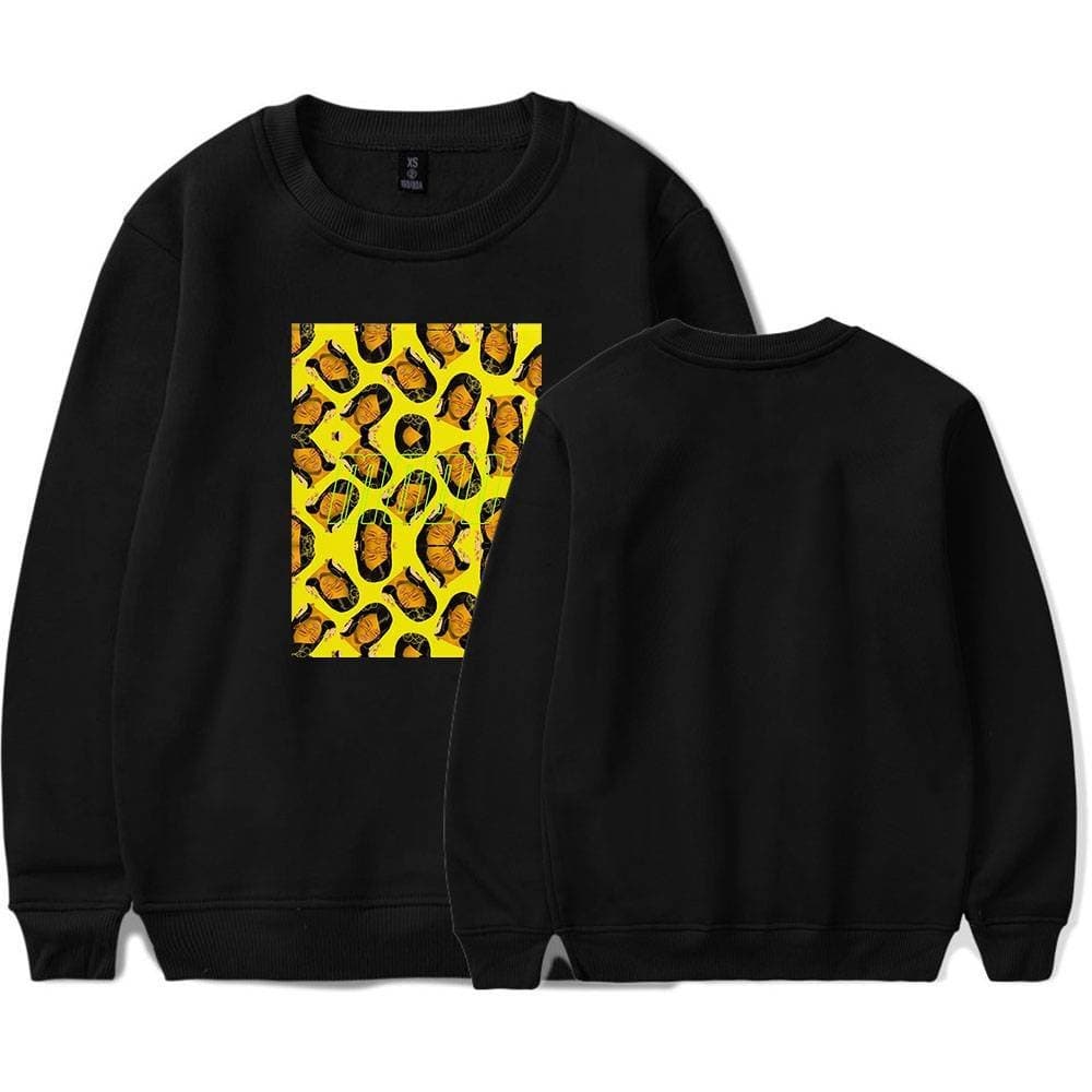 Bright yellow and black Justin Bieber swag sweatshirt featuring a bold graphic print of Justin Bieber's face and iconic patterns, perfect for fans of his merchandise collection.