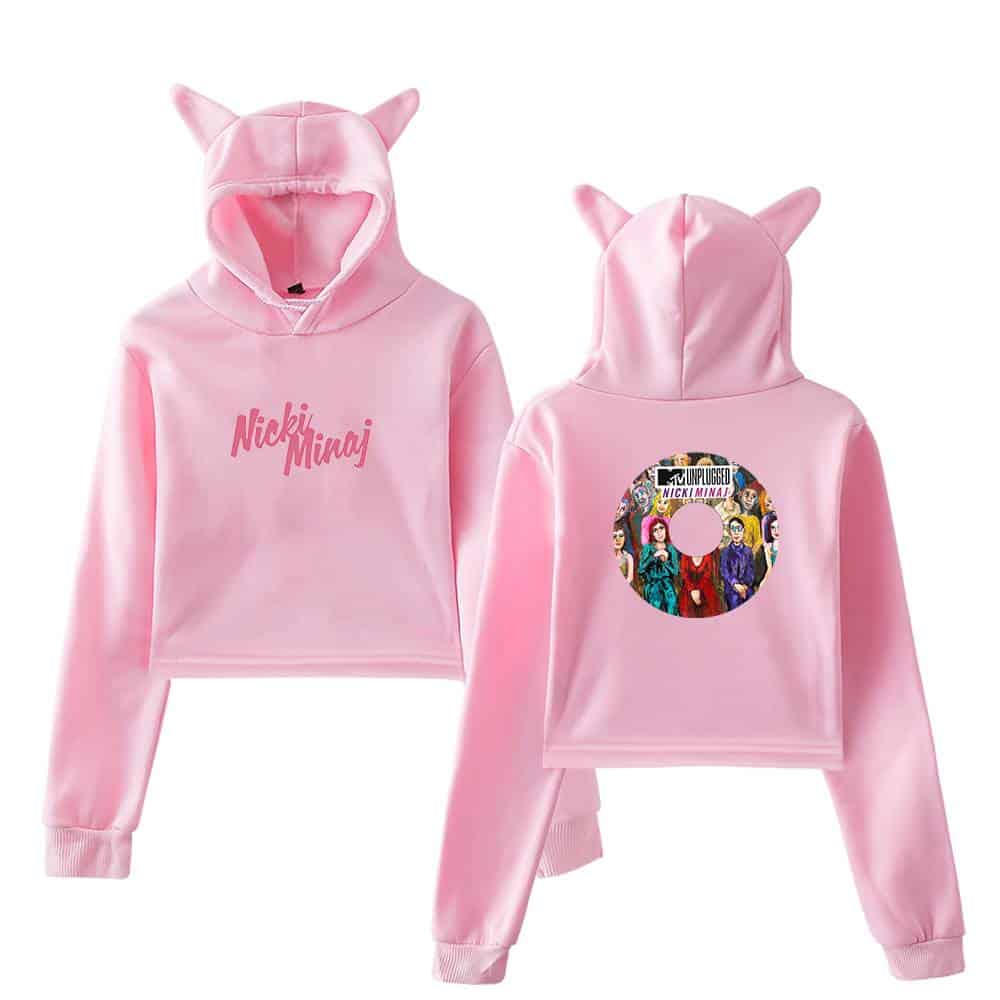 Nicki Minaj pink hoodie with cartoon graphics on back and front, inspired by pop culture and fashion. Perfect for fans and collectors of exclusive swag merch.