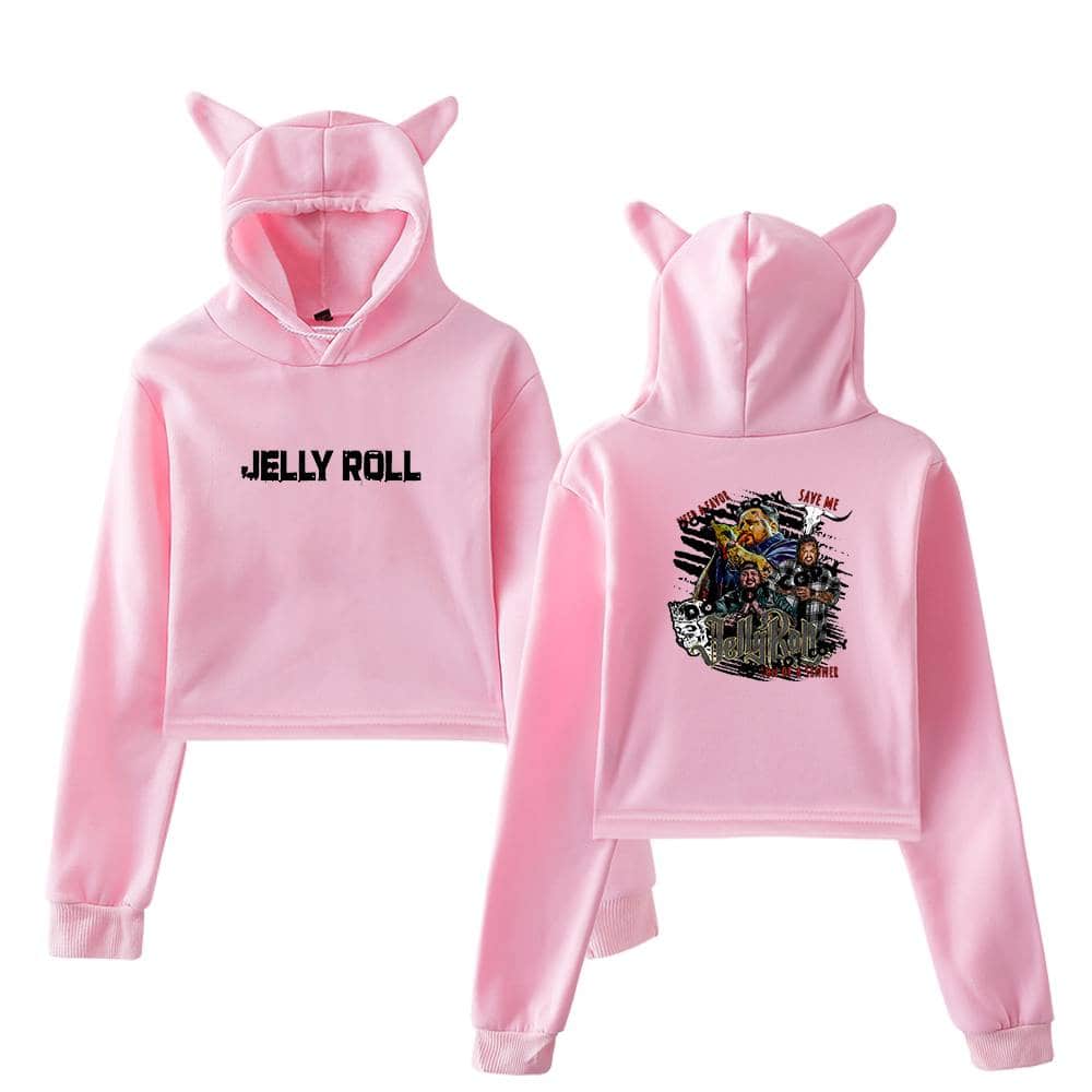 Jelly roll pink hoodie with cat ears, featuring Justin Bieber swag merch design with bold text and colorful graphic print on the back, perfect for fans of celebrity streetwear style.