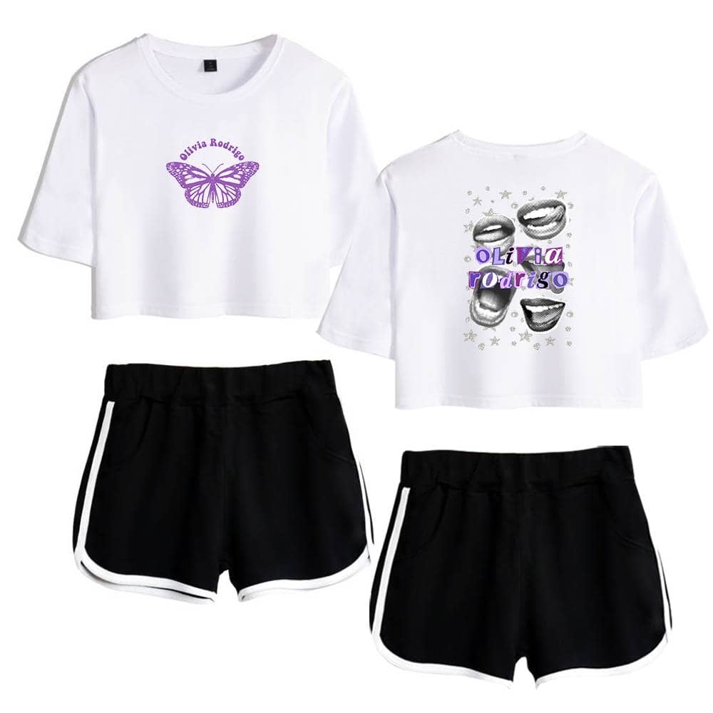 Purple butterfly Olivia Rodrigo graphic T-shirt with white shorts, trendy swag merch for fans, casual streetwear style, comfortable and stylish.