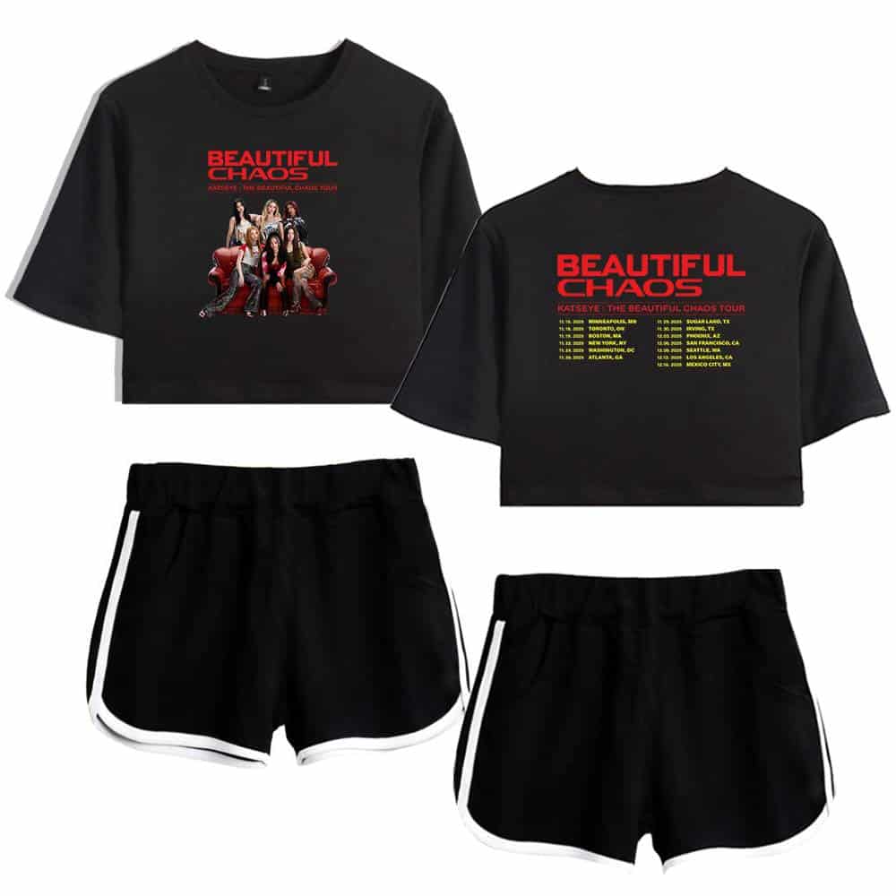Black "Beautiful Chaos" tour merch set featuring a graphic sweatshirt, cropped T-shirt, and sporty shorts, perfect for Justin Bieber fans who love stylish and comfortable swag merchandise.
