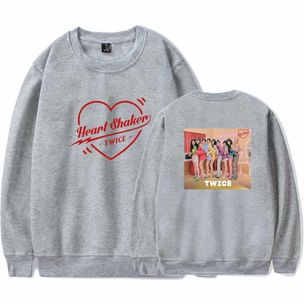 Heart Shaker TWICE sweatshirt with group photo, casual and stylish merchandise for fans, featuring the popular K-pop girl group TWICE, perfect for showing support and fandom swag.