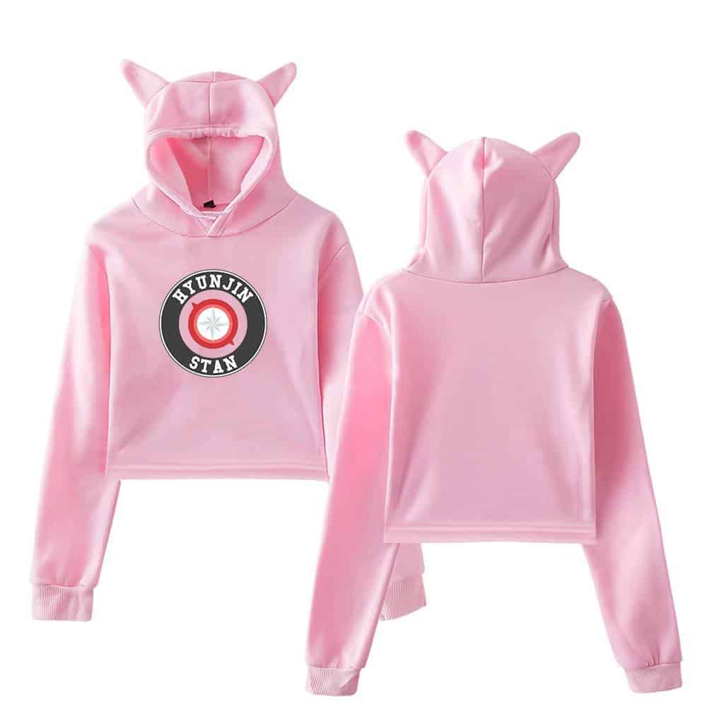 Pink hoodie with cat ears, "Hyunjin Stan" logo, and satin finish, cozy streetwear for fans of Justin Bieber swag merch, stylish and comfortable.