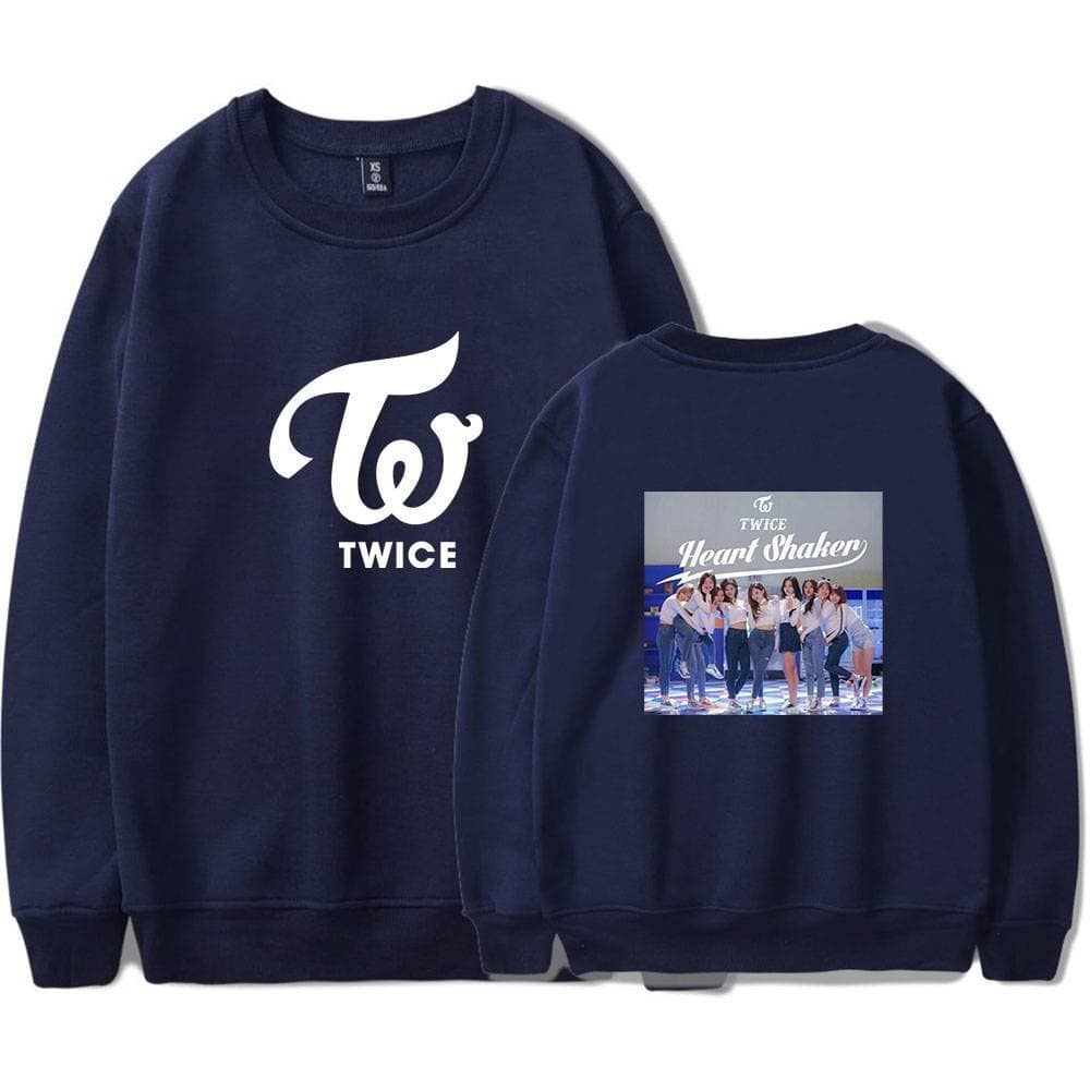 TWICE sweatshirt with "Heart Shaker" group image, navy blue, casual swag merch for K-pop fans, stylish and trendy apparel featuring the popular girl group.
