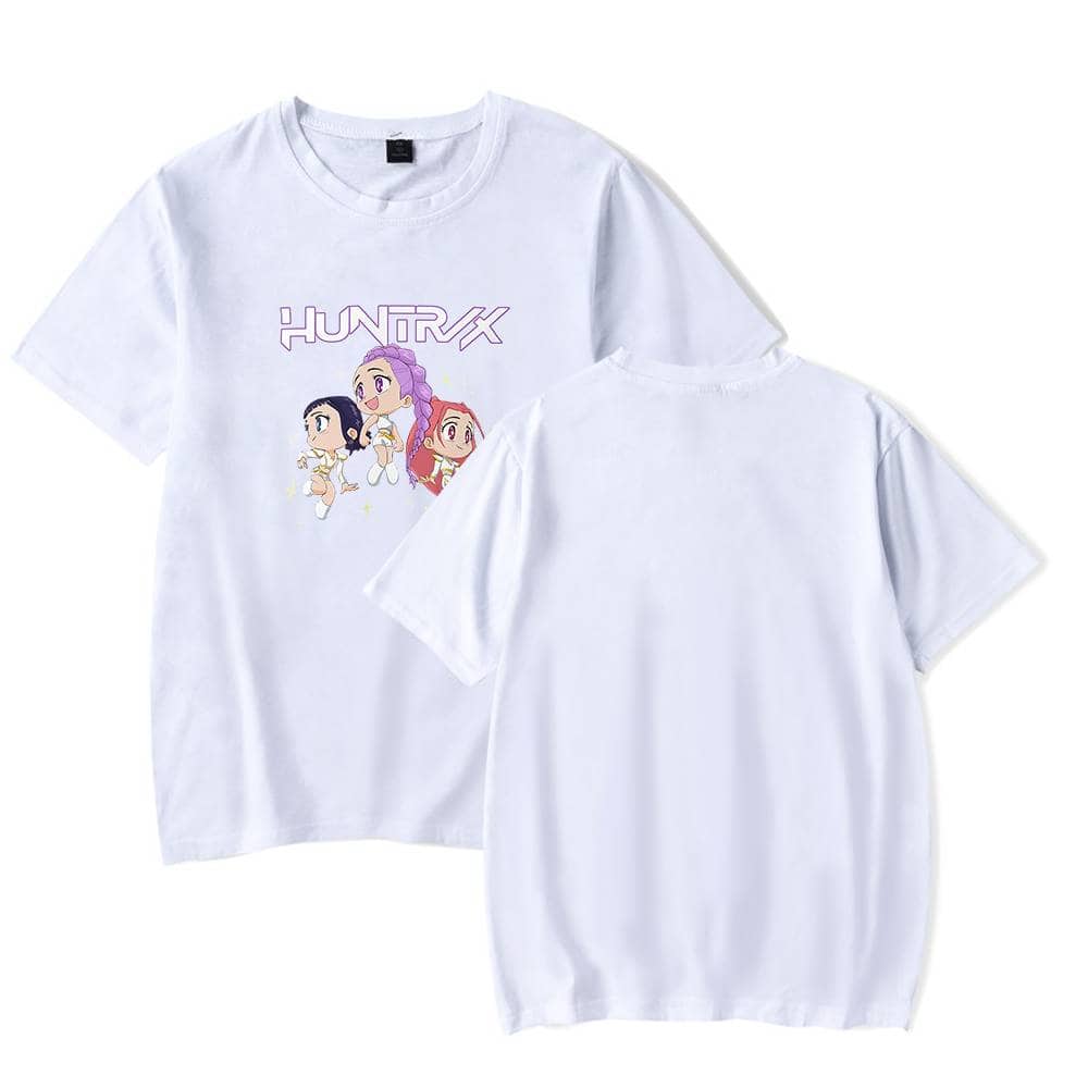 Bright white T-shirt featuring colorful anime-style characters with "HUNTRX" logo, perfect for Justin Bieber swag merch fans. Crew neck, casual fit, ideal for streetwear or concert wear.