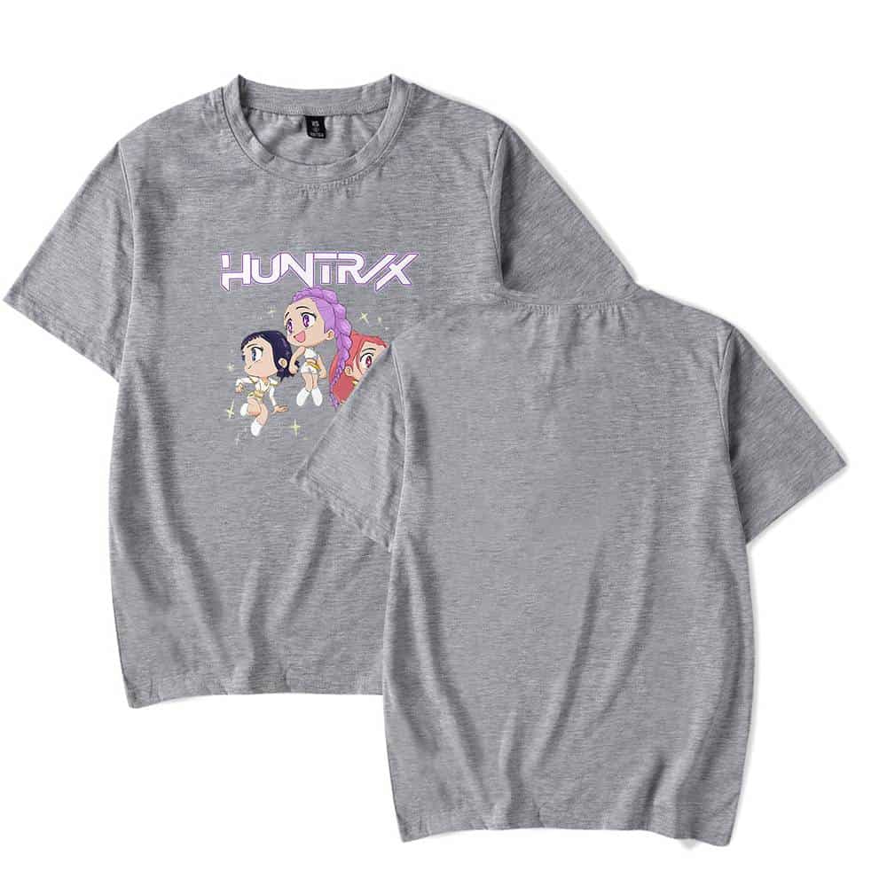 HUNTRX cartoon girls graphic tee with Justin Bieber swag merch theme, grey casual t-shirt for fans.
