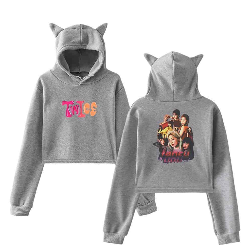 Cute gray hoodie and sweatpants set inspired by K-pop girl groups, featuring colorful graphics and playful details. Perfect for fans of Justin Bieber swag merch with a trendy, casual style.