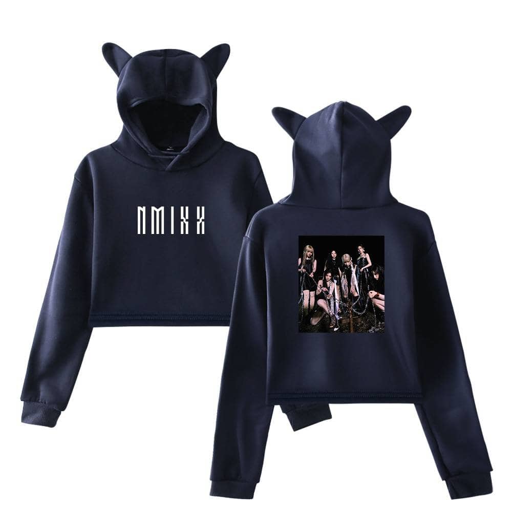 Glossy black hoodie with cat ears, front text design, and back image of a pop group, perfect for Justin Bieber swag merch fans looking for stylish, playful streetwear.