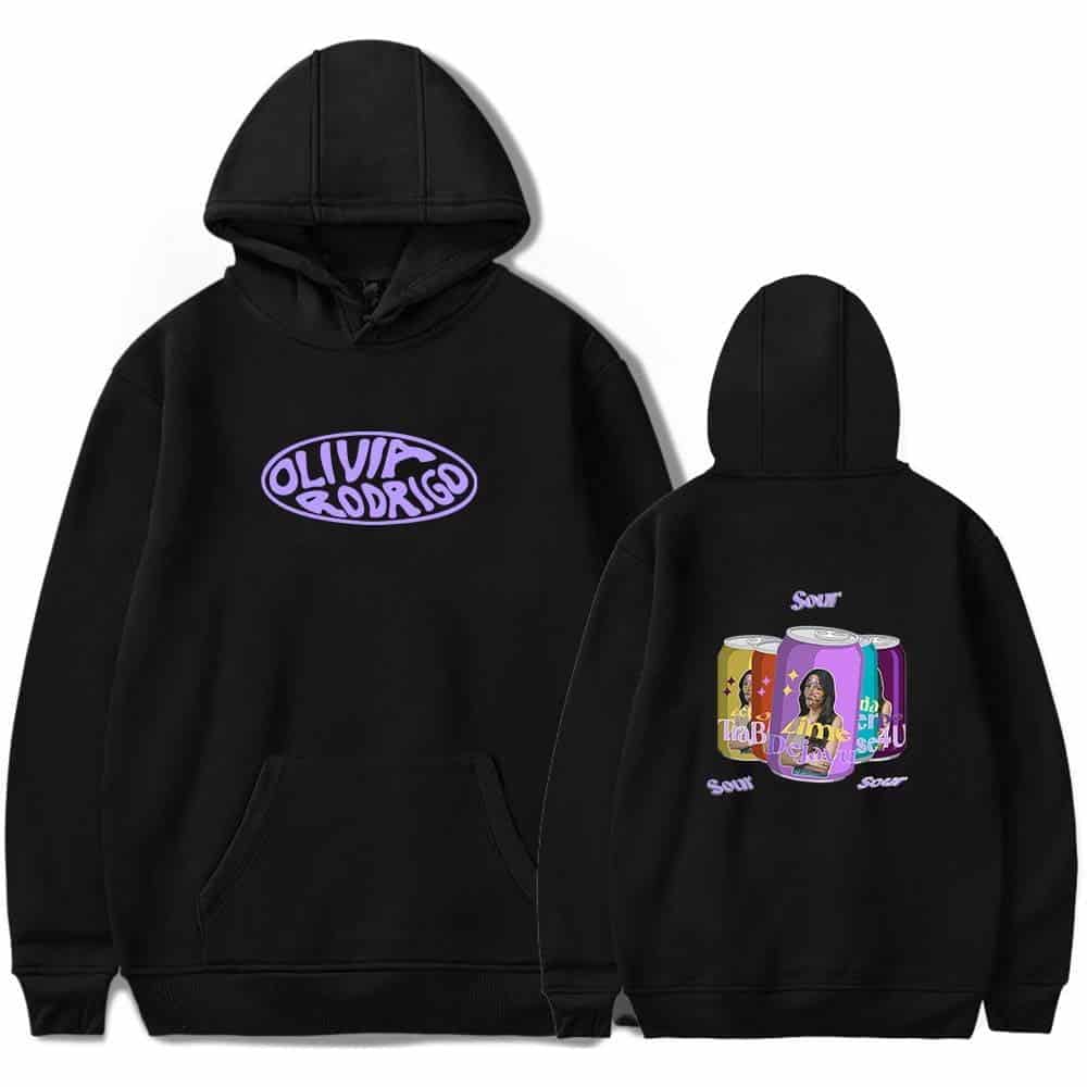 Olivia Rodriguez hoodie with Justin Bieber swag merchandise featuring colorful soda can design on the back.