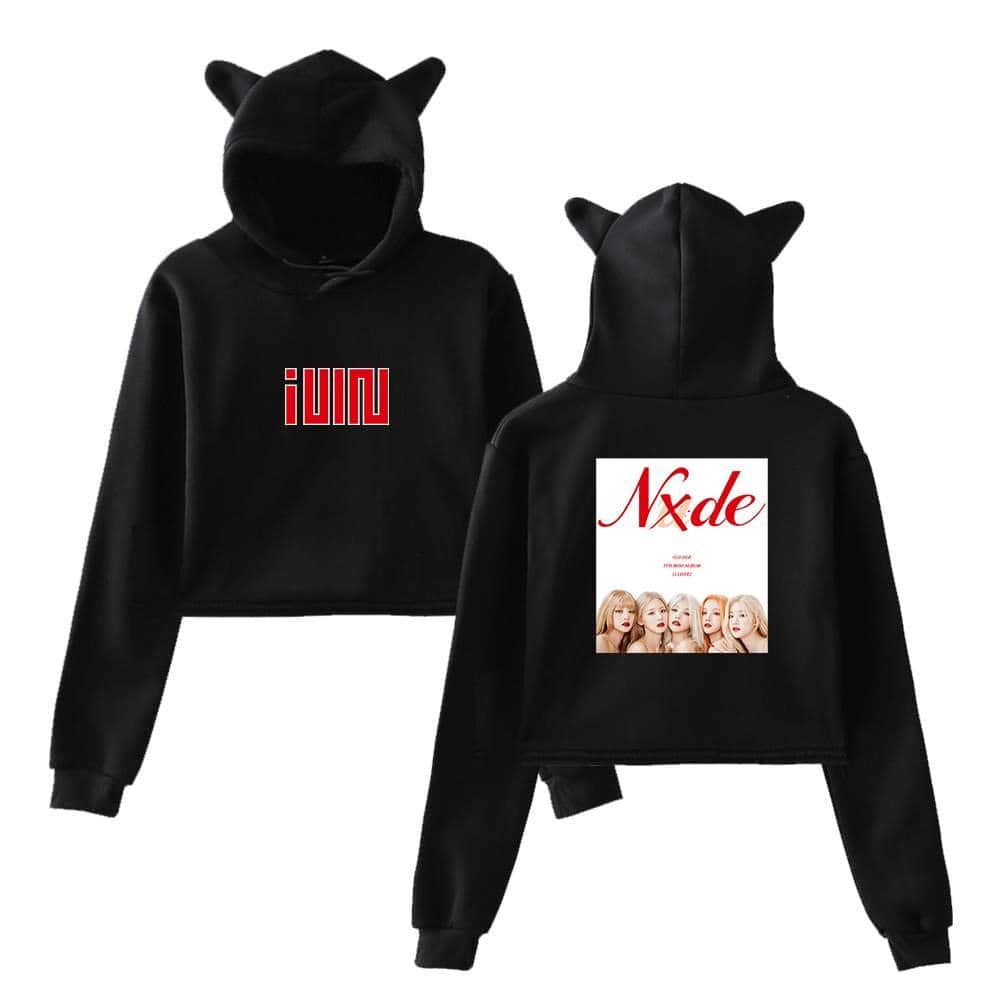 Black cropped hoodie with playful animal ears and bold red graphic text inspired by Justin Bieber swag merchandise.
