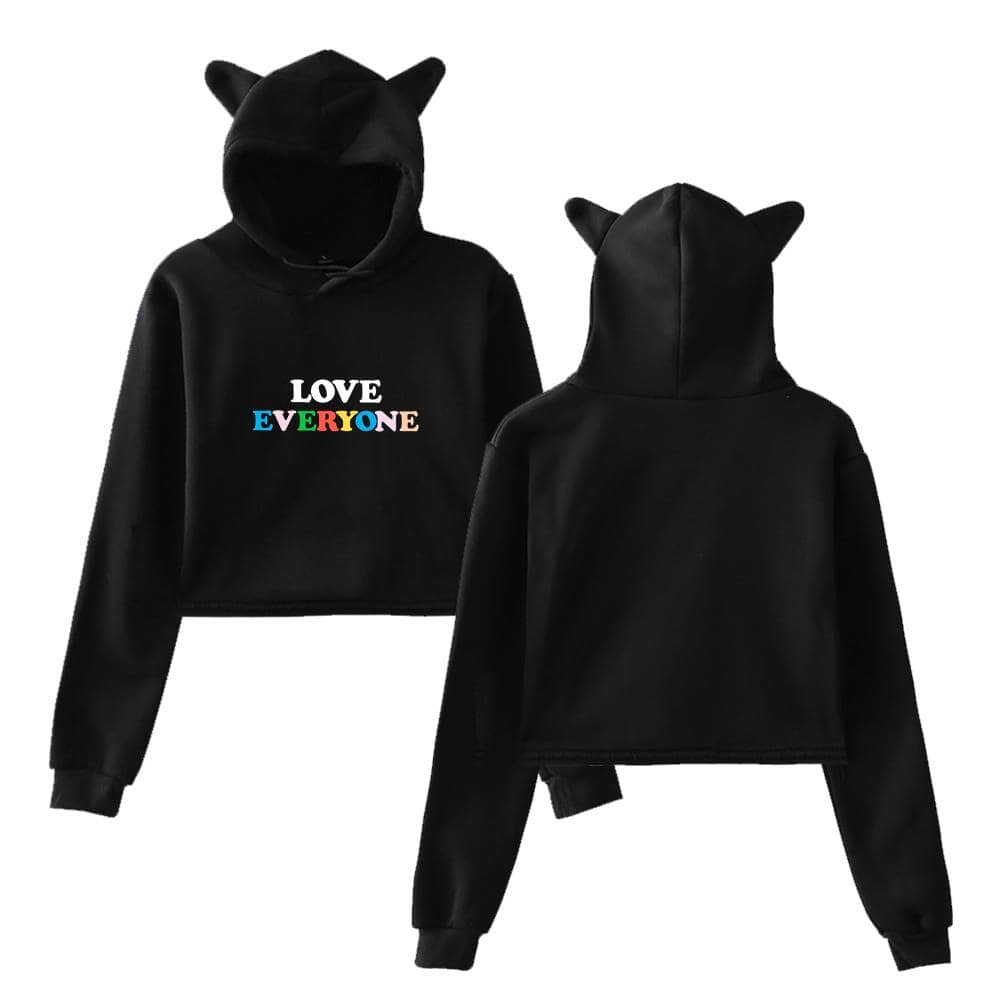 LOVE EVERYONE sweatshirt with colorful text, featuring a cute hood with cat-ear details for a trendy, Justin Bieber-inspired swag merch look.