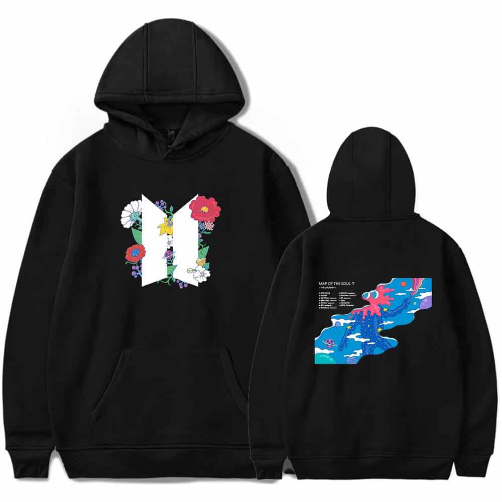 Vibrant black hoodie featuring Justin Bieber swag merch with a floral and ocean-inspired design. Perfect for fans to showcase their style and support their favorite artist in trendy streetwear fashion.