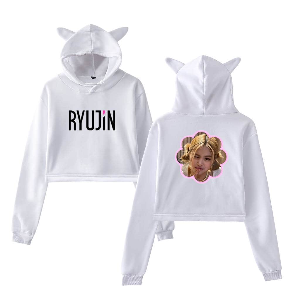 Ryujin justin bieber swag merch hoodie with animal ears and a printed photo of a girl on the back, trendy and playful design for fans of pop culture and K-pop.