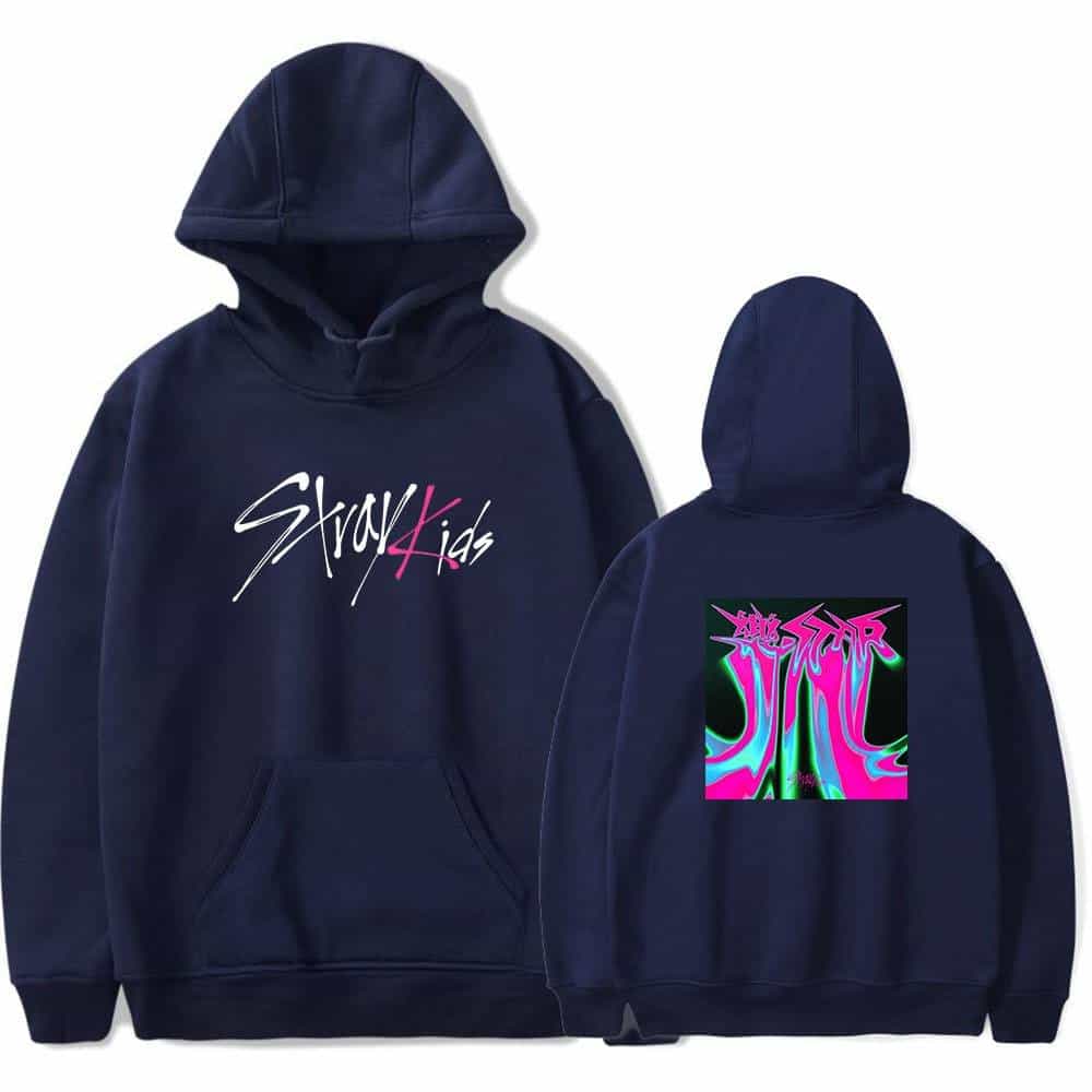 Stylish navy blue hoodies featuring Justin Bieber swag merchandise with vibrant, colorful graphics and "Stay4Kidz" text design for fans of Justin Bieber.