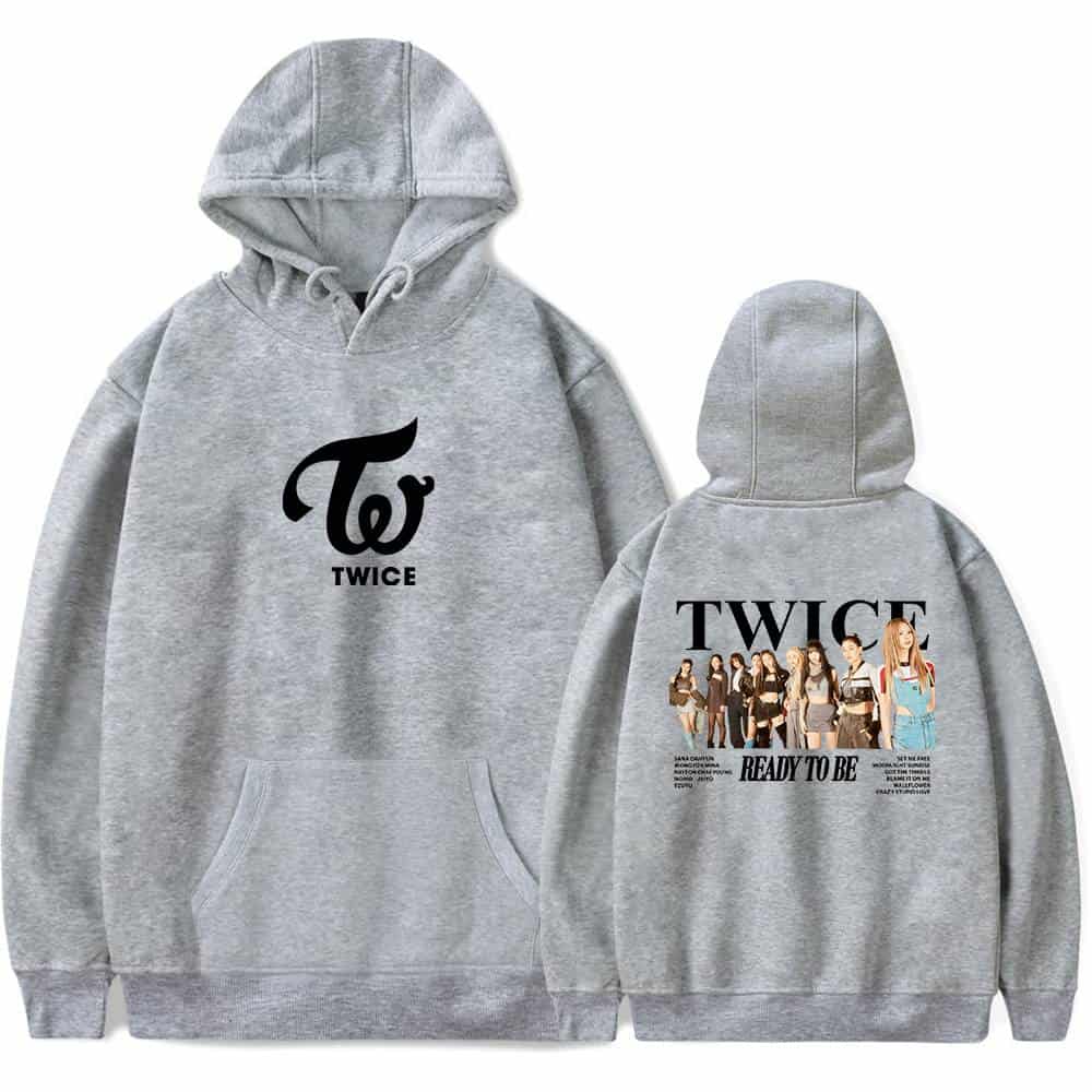 Twice swag hoodie with group and album artwork, casual unisex sweatshirt, fashion merchandise inspired by K-pop girl group, light gray fabric, comfortable streetwear style, perfect for fans.