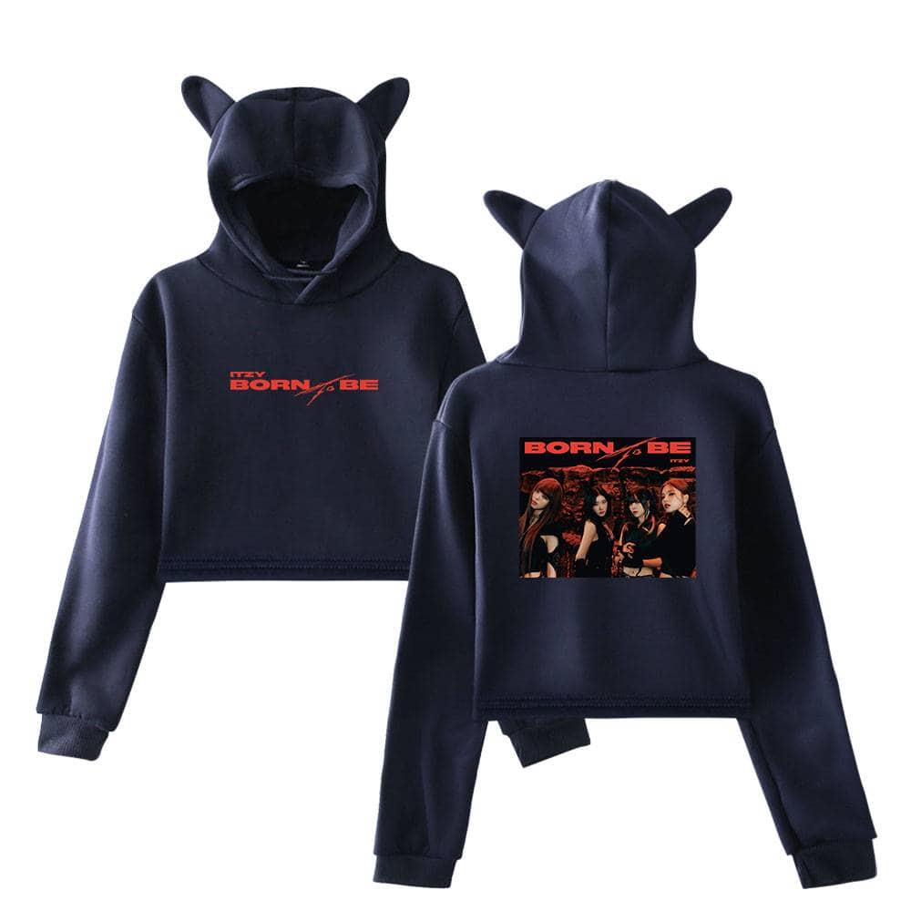 Born to Be hoodie with cat ear hood, featuring Itzy's logo and a group photo on the back, perfect for fans of Justin Bieber style-inspired swag merchandise.