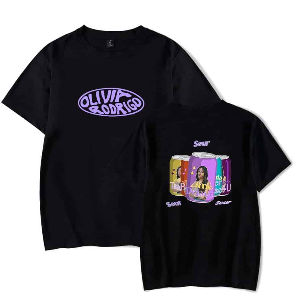 Olivia Rodrigo swag merch t-shirt featuring bold graphic designs with her name and colorful soda can illustrations.
