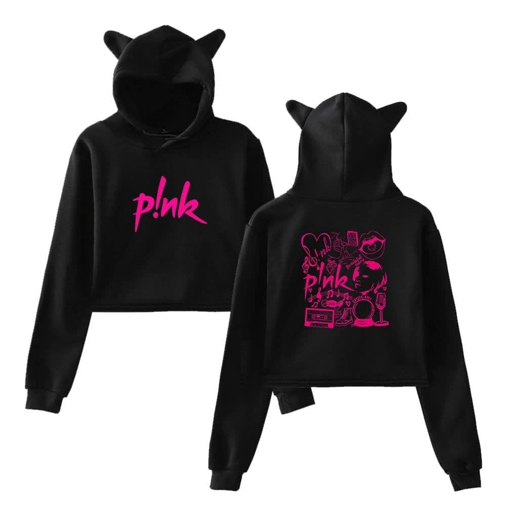 Bold black hoodie set with pink "p!nk" logo and vibrant graphic design featuring musical and pop culture icons, perfect for stylish fans of pop star Justin Bieber's swag merch.