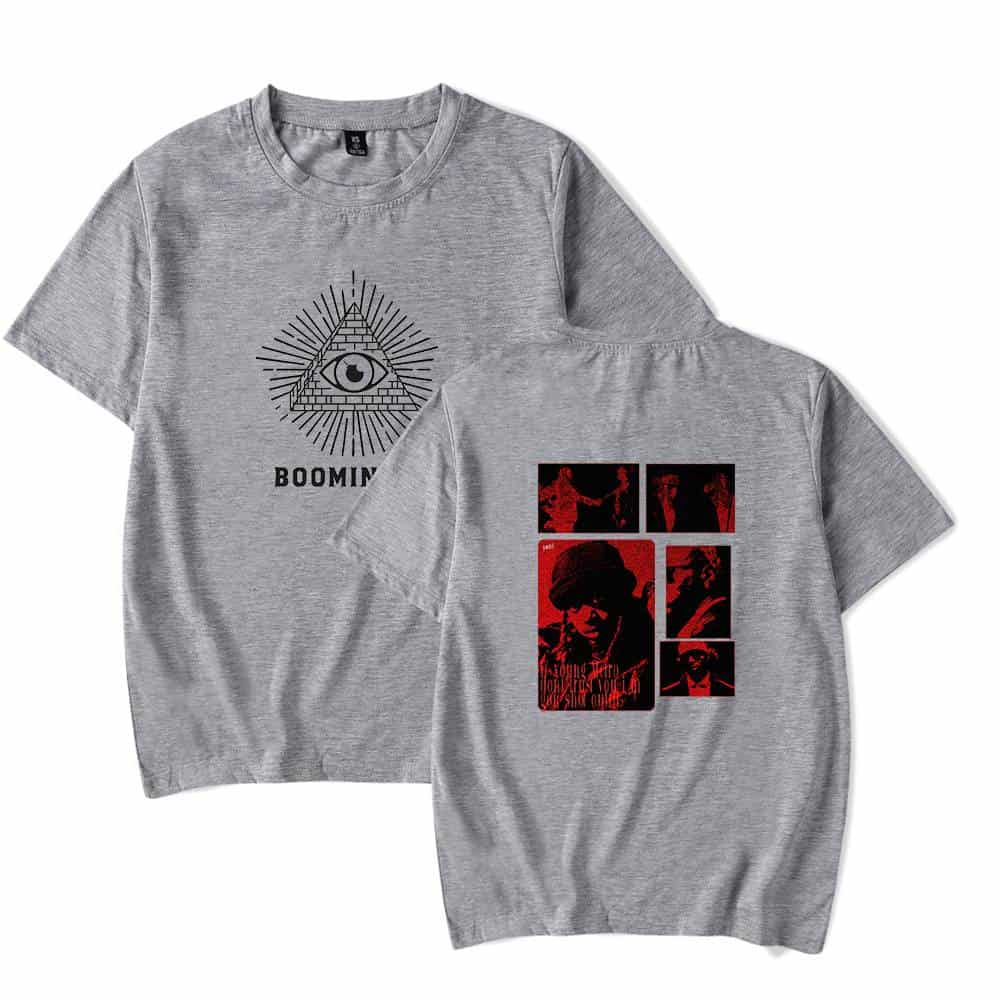 Booming eye graphic t-shirt with Justin Bieber swag merch, streetwear style, trendy casual fashion, heather gray, popular music artist, celebrity-inspired clothing, modern urban apparel, fan merchandise, stylish unisex tees, hip hop fashion statement.