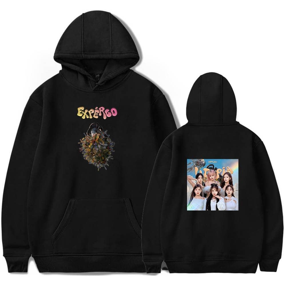 Black hoodie featuring Justin Bieber and girl group branding with "EXPÉRGO" text and colorful artwork. Perfect for fans of Justin Bieber swag merch and K-pop-inspired fashion.