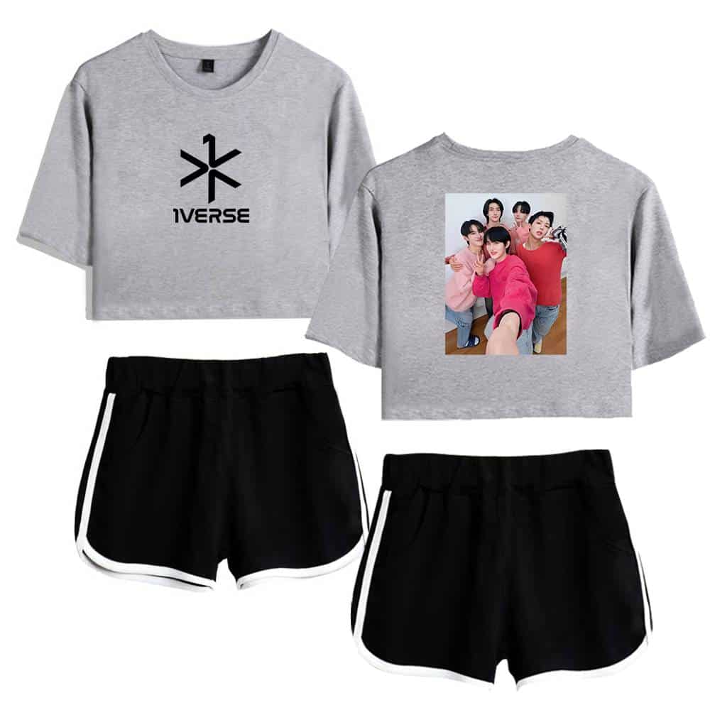 Black and gray Justin Bieber swag merch casual outfits featuring cropped sweatshirts and athletic shorts. The sweatshirts display stylish graphics and photos, perfect for fans of Justin Bieber's fashion line.