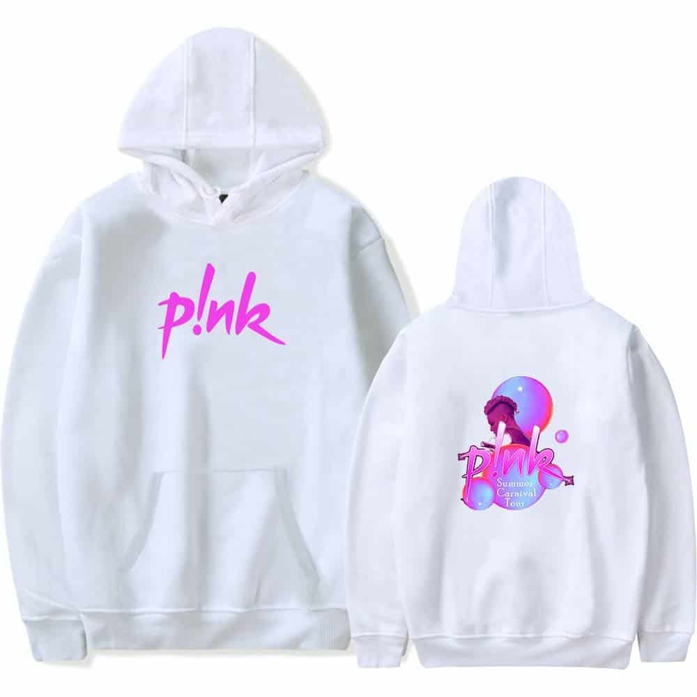 P!nk swag hoodie with pink text and graphic design at the back, perfect for pop music fans and summer tour enthusiasts.