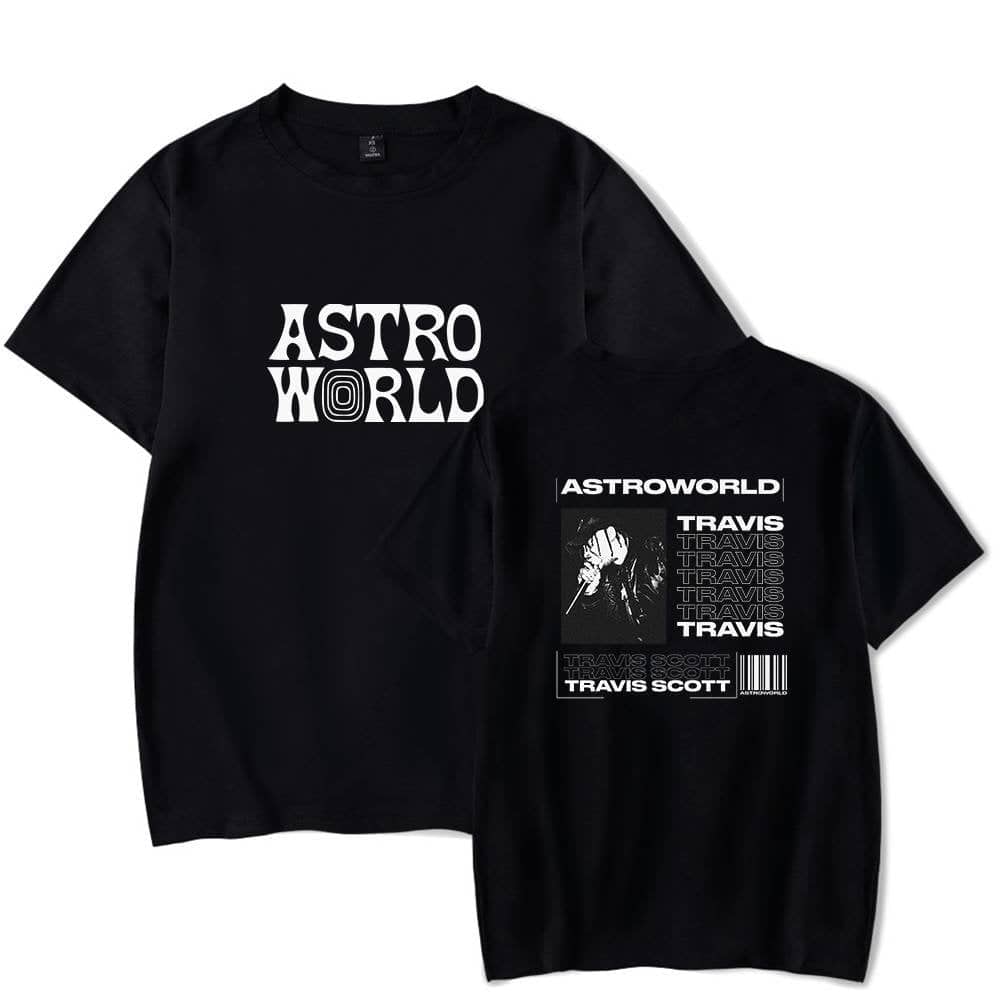 Astro World Travis Scott black graphic T-shirts with bold text and artwork, perfect for Justin Bieber swag merchandise fans.