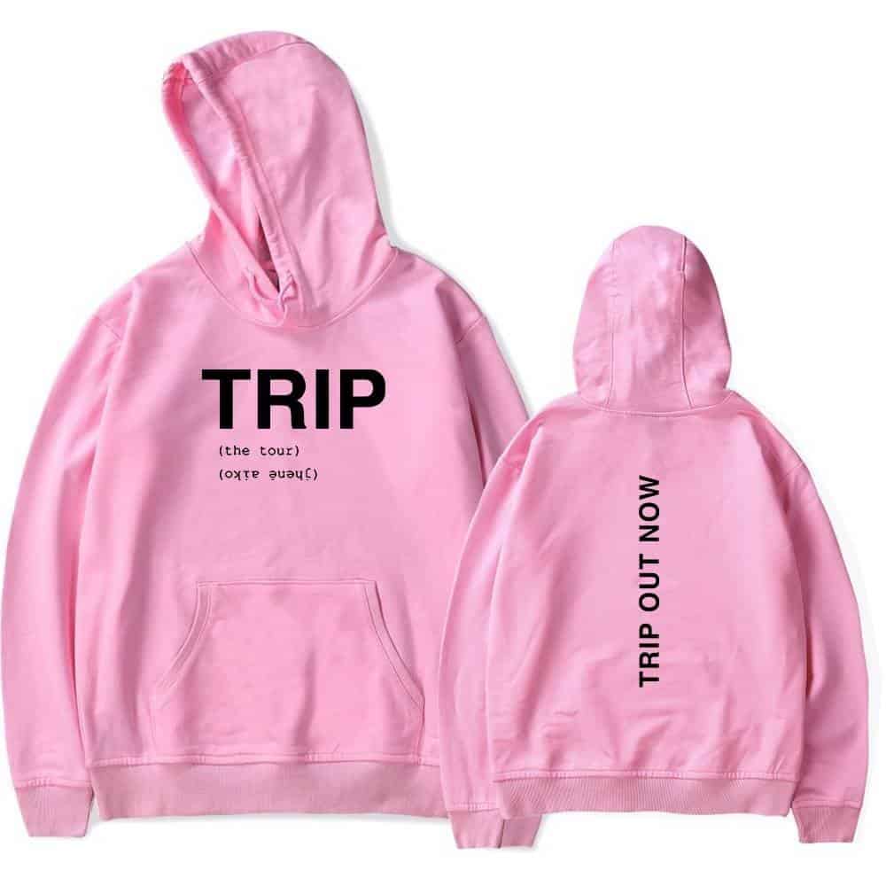 Pink hoodie with "TRIP" graphic and "TRIP OUT NOW" text, inspired by Justin Bieber swag merchandise. Perfect for fans who love casual, stylish music-inspired apparel.