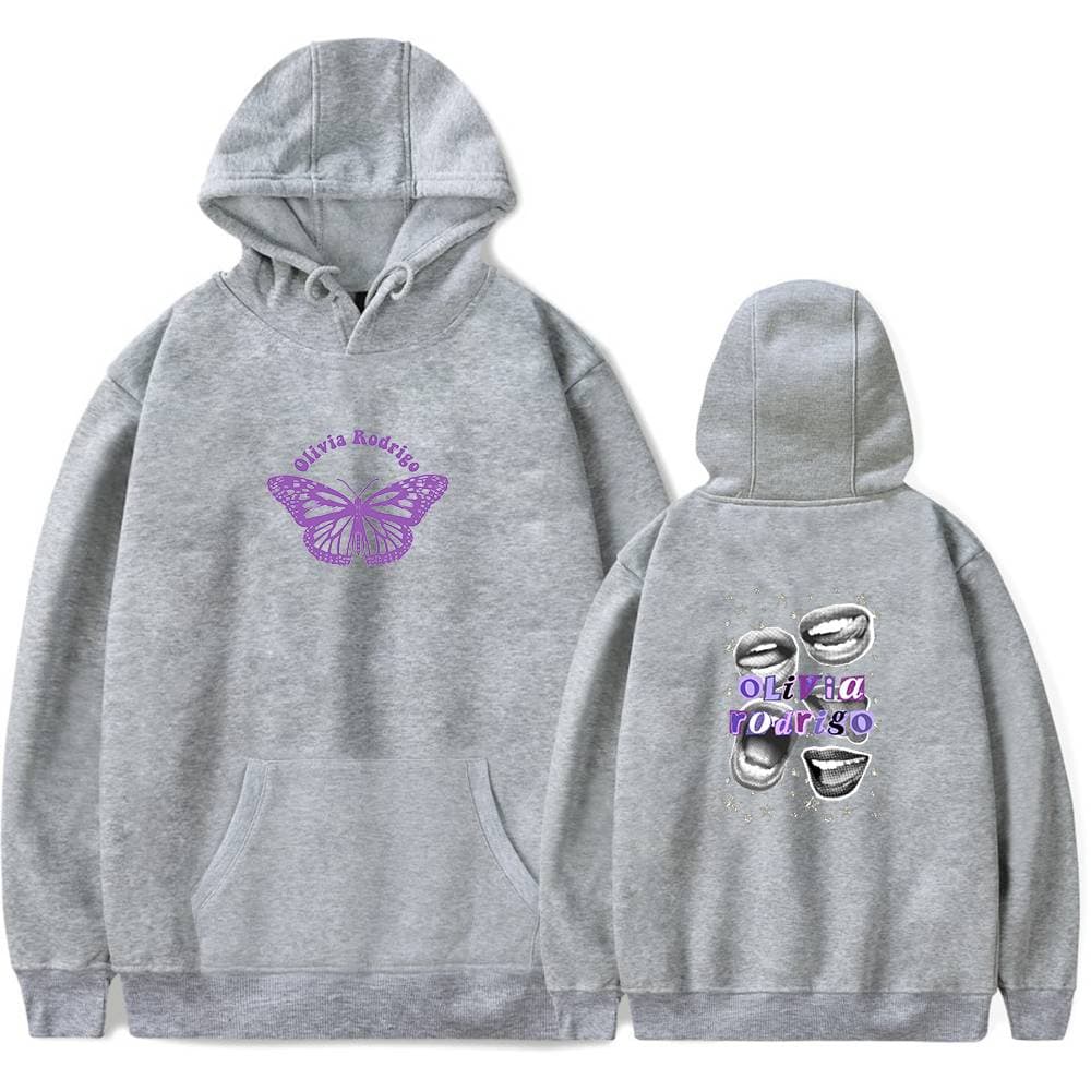 Butterfly Olivia Rodrigo graphic hoodie in light grey, stylish and trendy, perfect for fans of pop music and celebrity merchandise. The hoodie features Olivia Rodrigo's name and unique butterfly design.