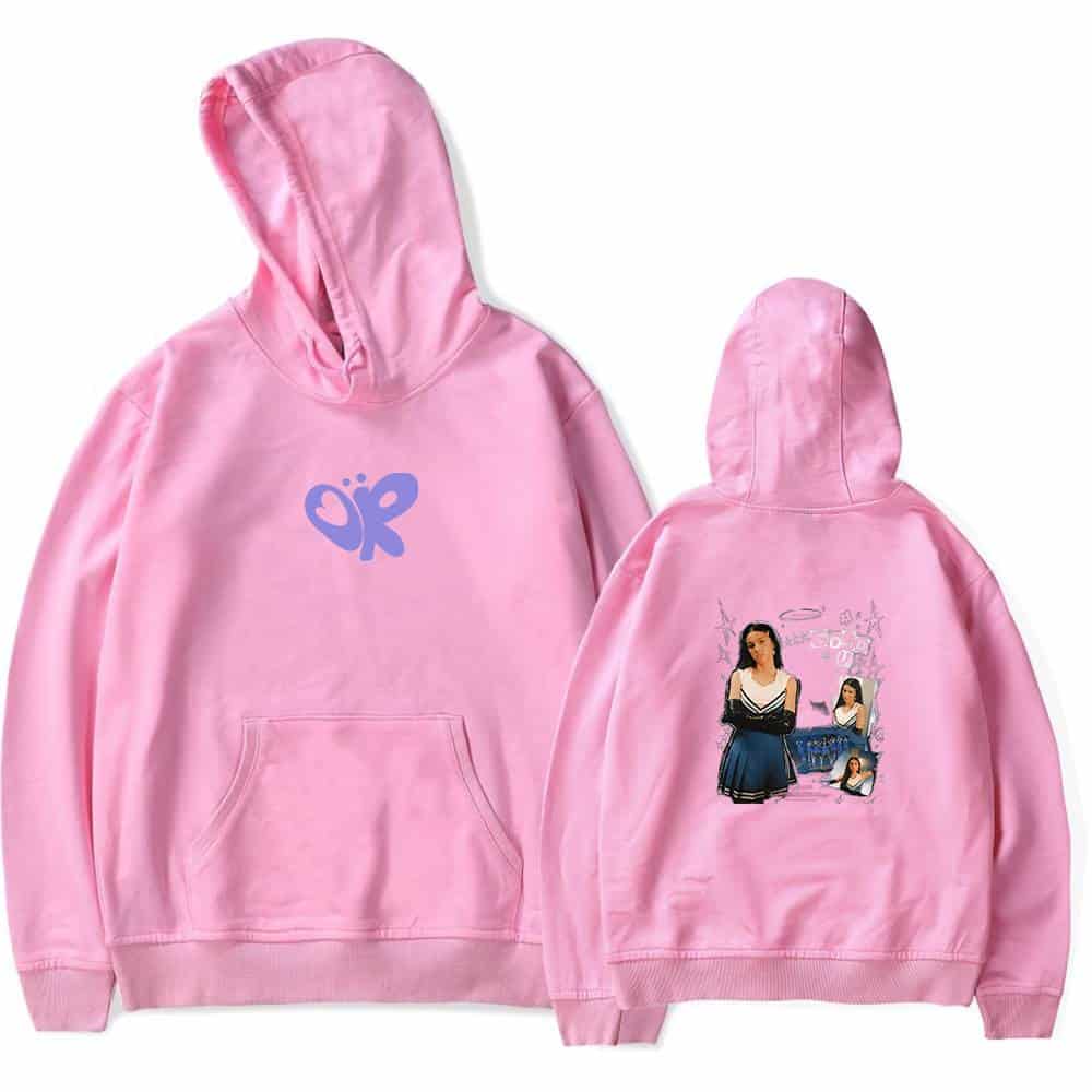 Op butterfly logo on front, with a collage of Justin Bieber images and artwork on the back in pink hoodie, styled as trendy swag merch.
