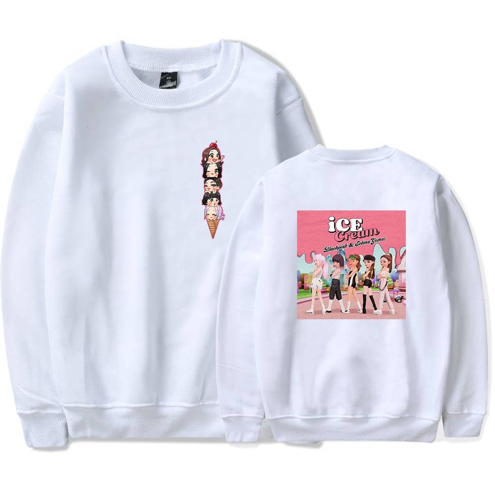 Colorful graphic sweatshirt featuring cartoon characters and "ICE CREAM" text, inspired by Bieber swag merchandise.