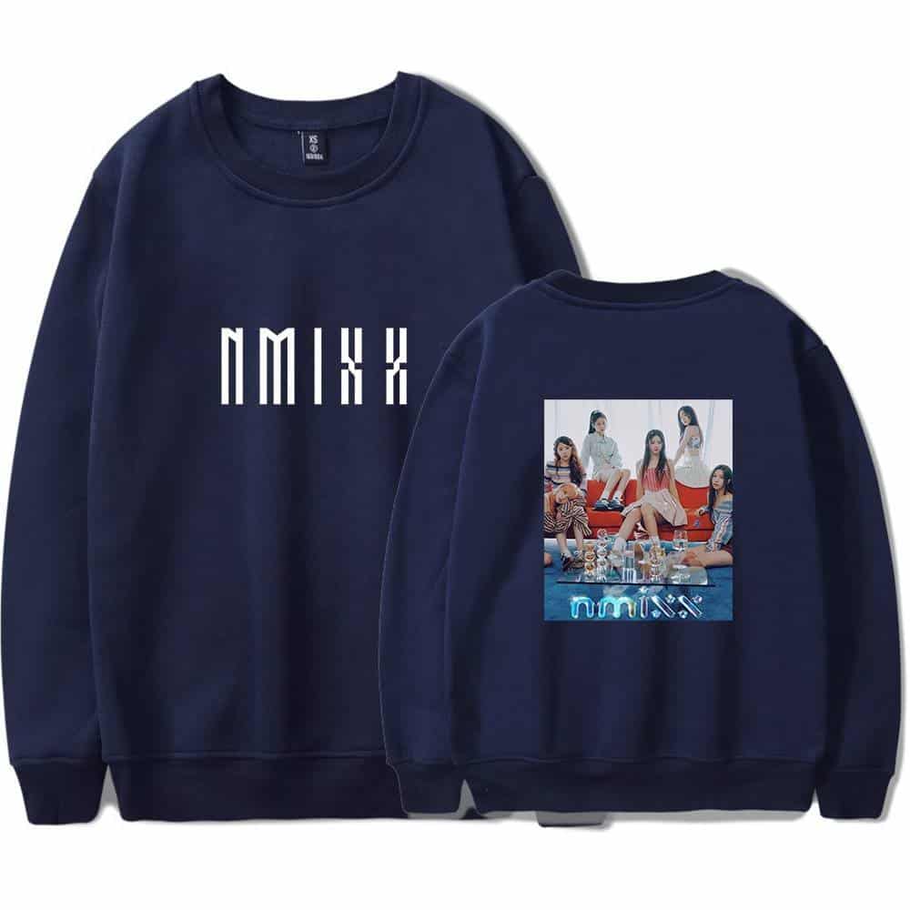 SMXK Justin Bieber swag merch sweatshirt in navy blue featuring the band's logo on the front and a photo of the group on the back, perfect for fans of K-pop and streetwear fashion.