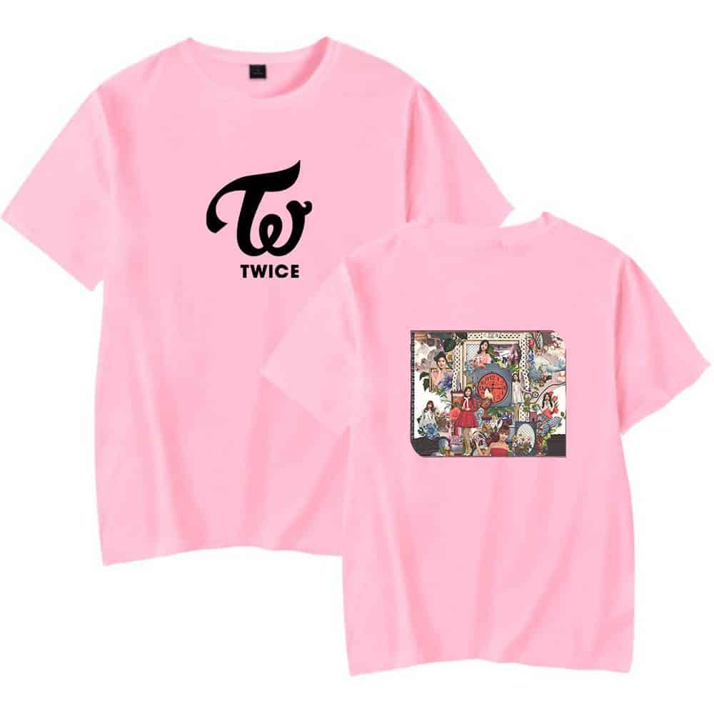 TWICE pink graphic T-shirt with fun design featuring the girl group's members and logo, perfect for fans of K-pop fashion and Justin Bieber swag merch style.