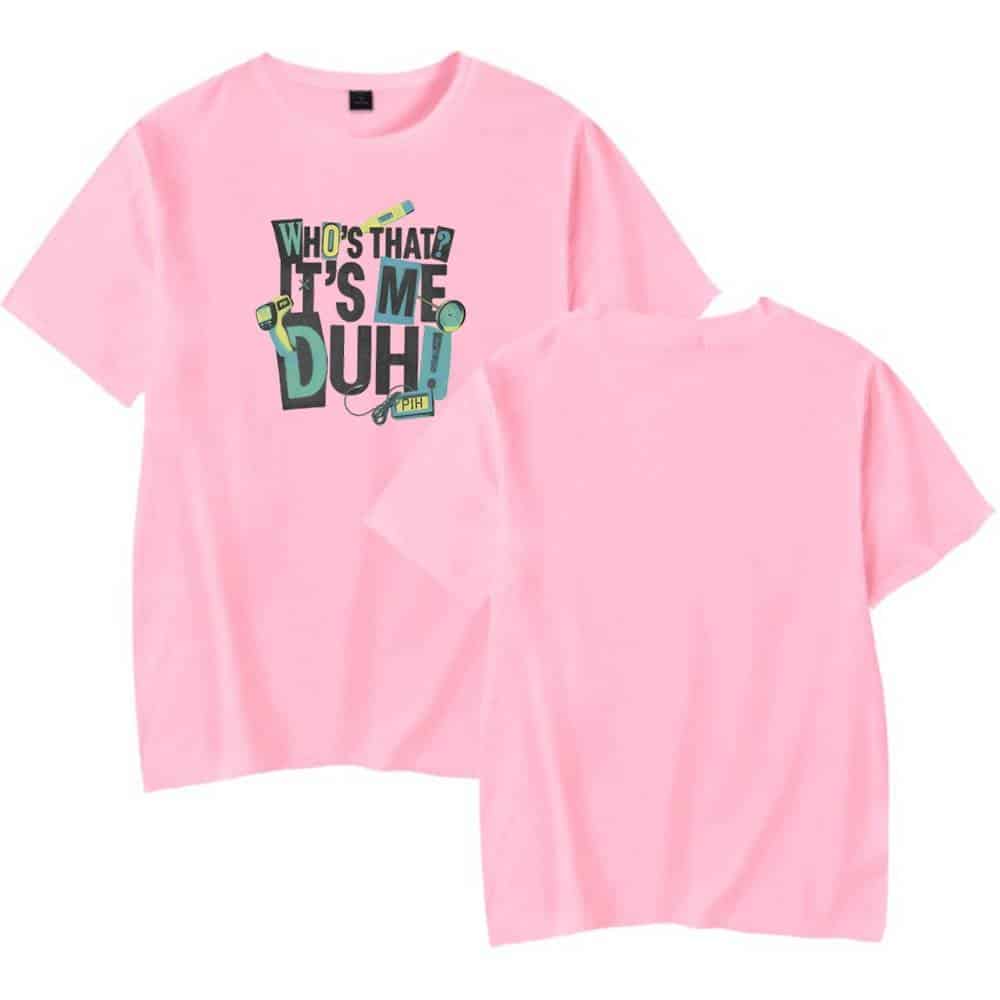 Bright pink graphic t-shirt with playful lettering and illustrations inspired by Justin Bieber swag merch, perfect for fans of trendy, youthful streetwear style.