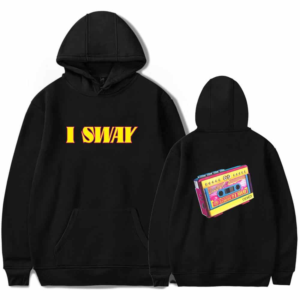 I SWAG hoodie with bold yellow and pink text on the front and a colorful cassette tape graphic on the back, inspired by Justin Bieber's swag merch collection.