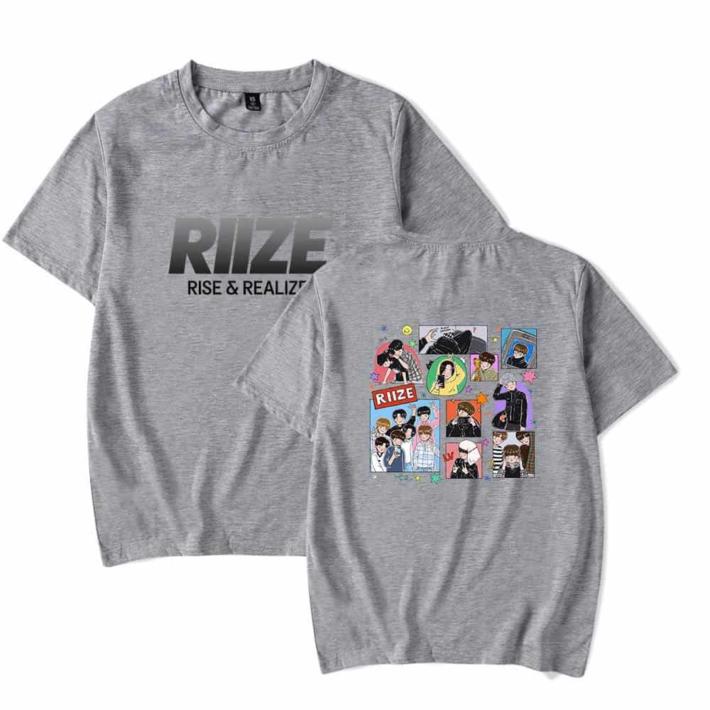 RIZE swag graphic t-shirt for Justin Bieber fans, featuring bold text and colorful cartoon-style illustrations of the artist. Perfect for showcasing your love for Bieber's merchandise.