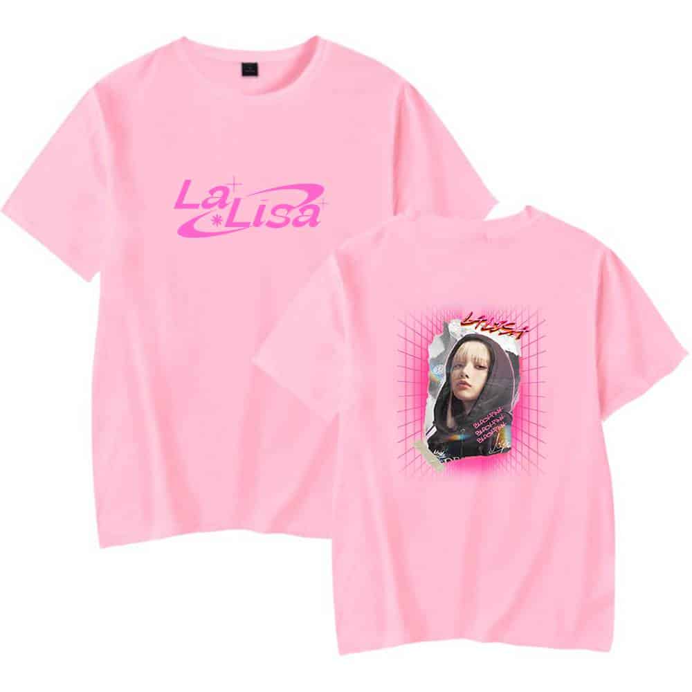 La*Lisa pink graphic tie-dye T-shirt featuring a vintage 80s style portrait of a girl with blonde hair and dark makeup, with a bold "La*Lisa" logo on the front and back, perfect for Justin Bieber swag merch fans.