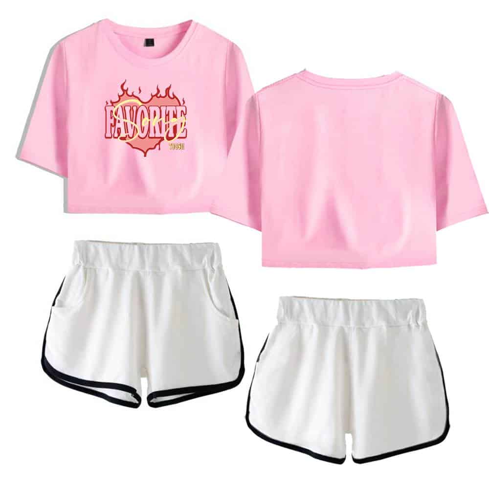 Pink Justin Bieber swag merch set with graphic crop top and shorts.