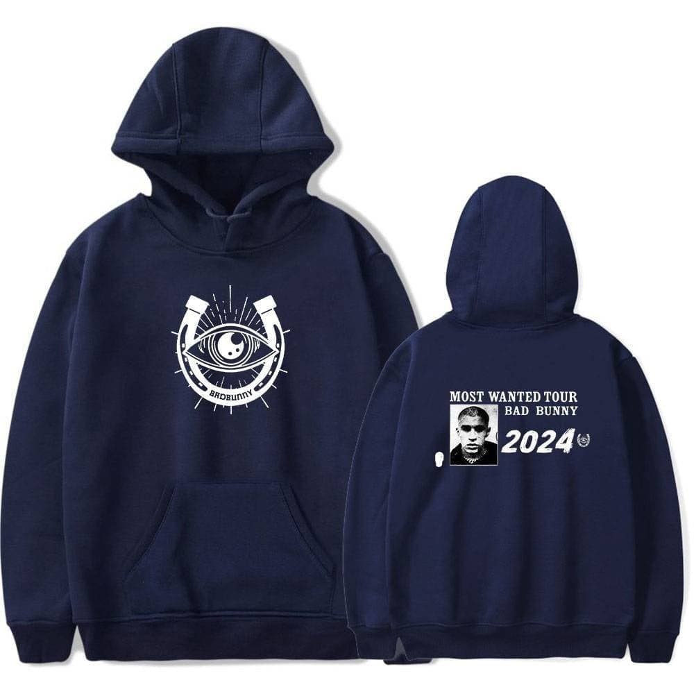 Urban navy hoodie with Justin Bieber-themed graphics featuring a eye, horseshoe, and text, perfect for swag merch fans.