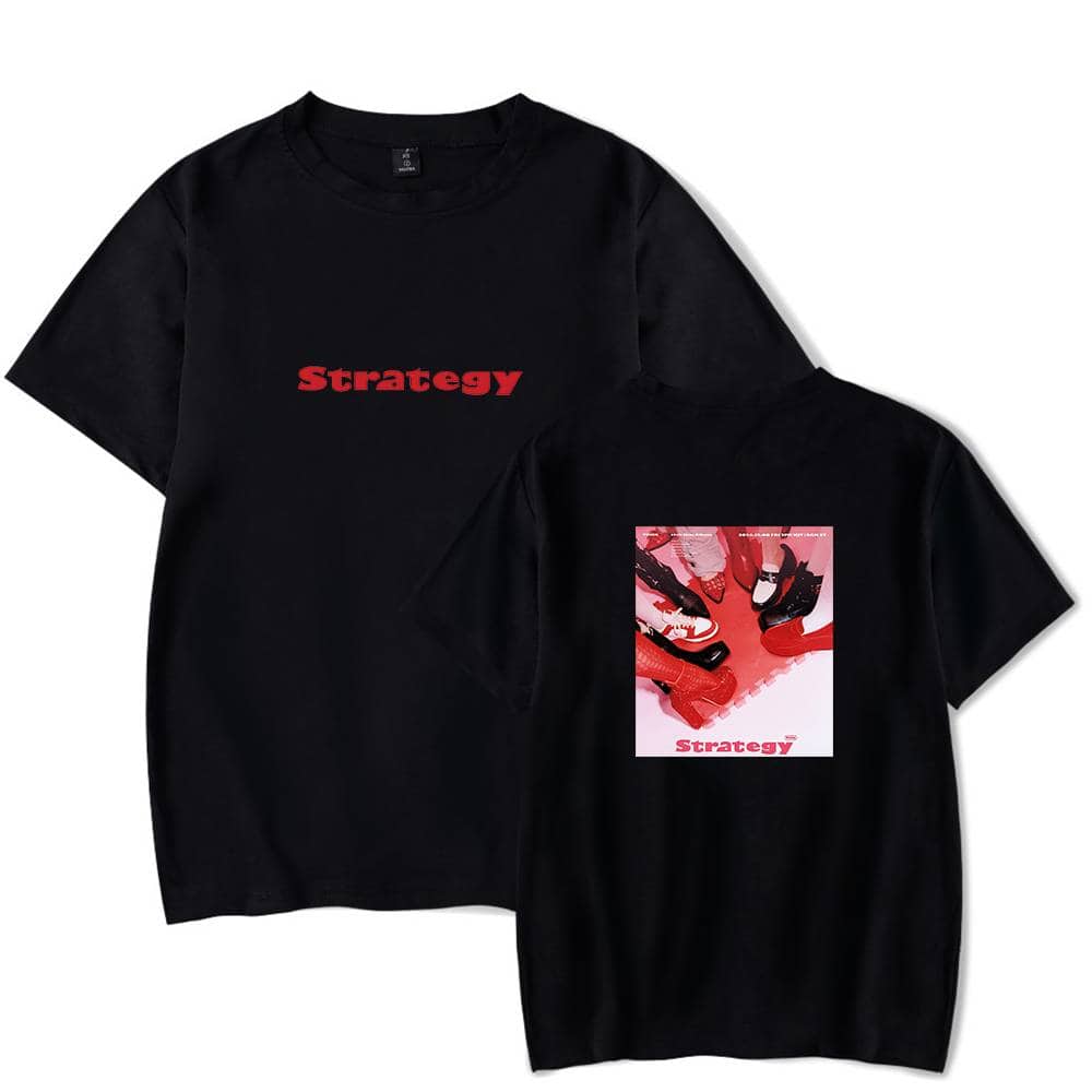 Strategy black t-shirt featuring bold red text and a graphic print of various stylish shoes; trendy Justin Bieber swag merchandise.