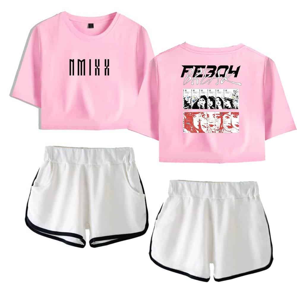 Funny pink Justin Bieber swag merchandise set featuring crop tops and shorts with bold graphics and trendy designs.