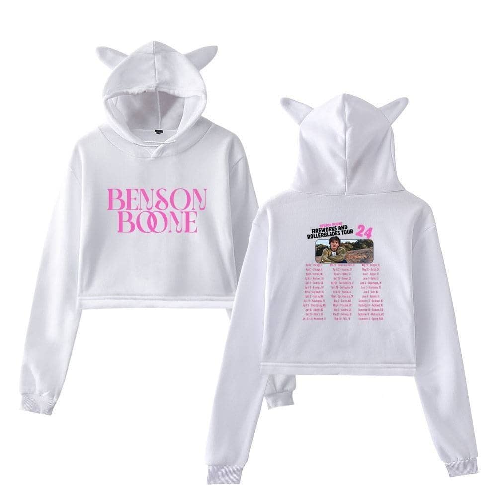 Benson Boone swag hoodie and sweatpants set with animal ears, featuring pink graphic text and tour info, inspired by Justin Bieber merchandise style, perfect for fans of trendy concert apparel.