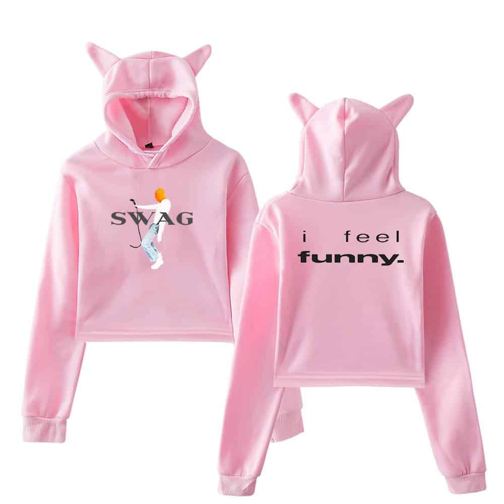 Cute pink hoodie set with cat ears and graphic text featuring Justin Bieber's swag and humor themes.