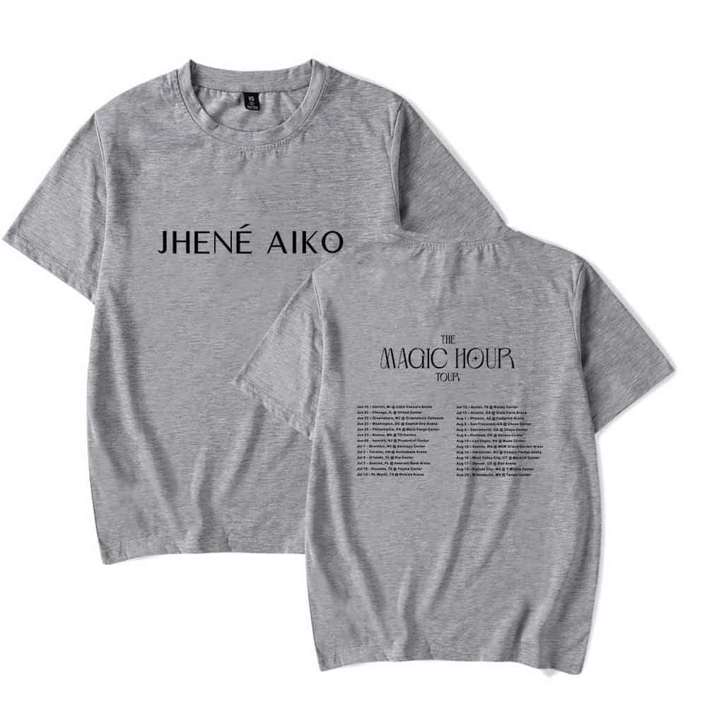 JHENÉ AIKO swag merch T-shirt featuring bold black text on a heather gray fabric. Perfect for fans who love stylish and comfortable band or artist-inspired clothing.