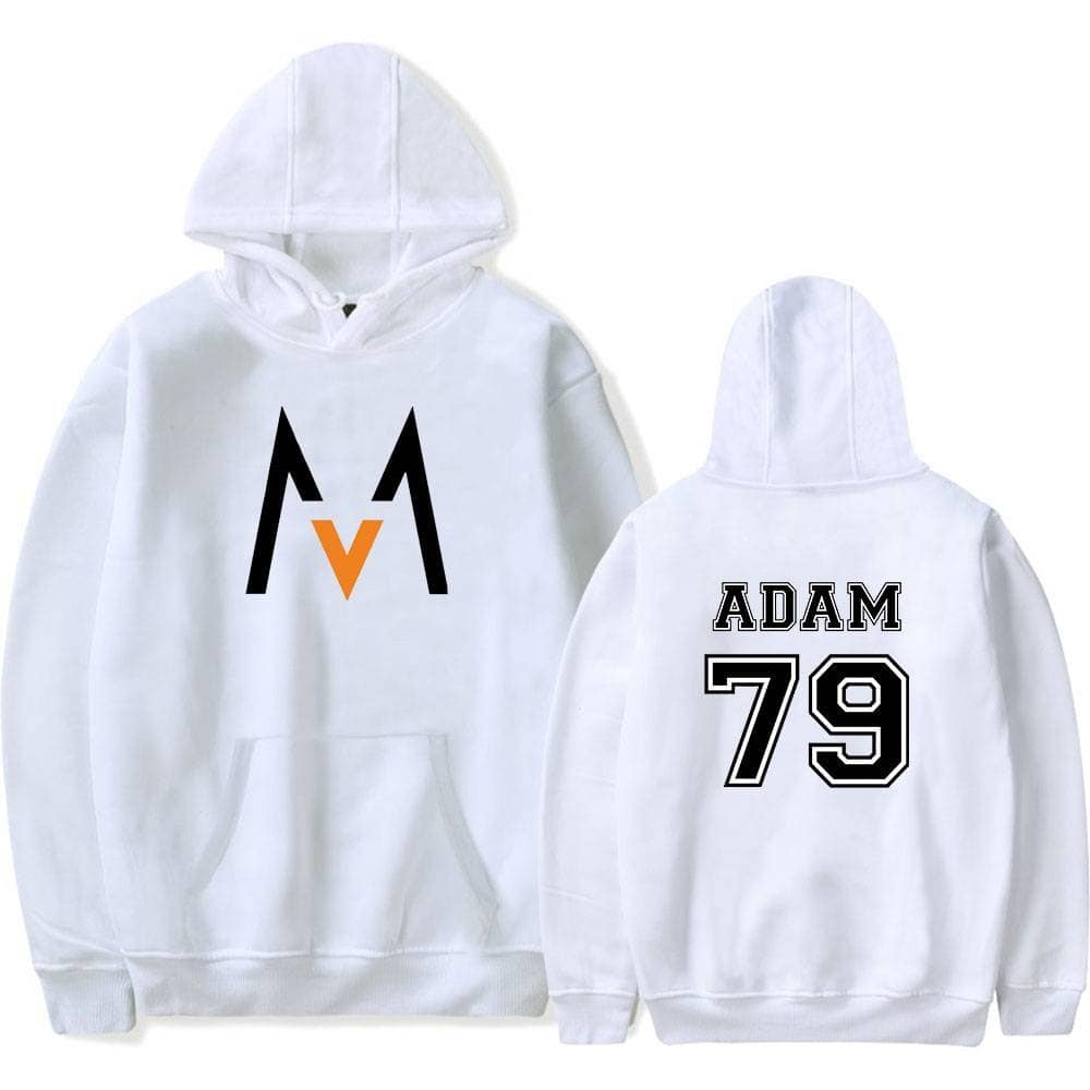 Minimalist Justin Bieber-inspired hoodie with "M" logo on front and "Adam 79" text on the back, perfect for fans seeking swag merch.