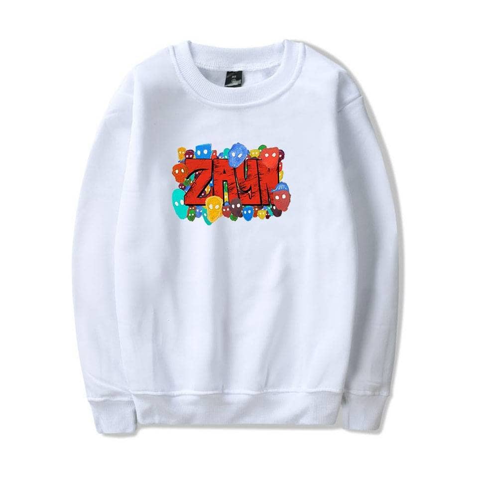Bright white Justin Bieber "Swag Merch" sweatshirt featuring colorful cartoon-style characters around bold red "ZAYN" text, perfect for fans. The sweatshirt combines trendy streetwear with playful, eye-catching design.
